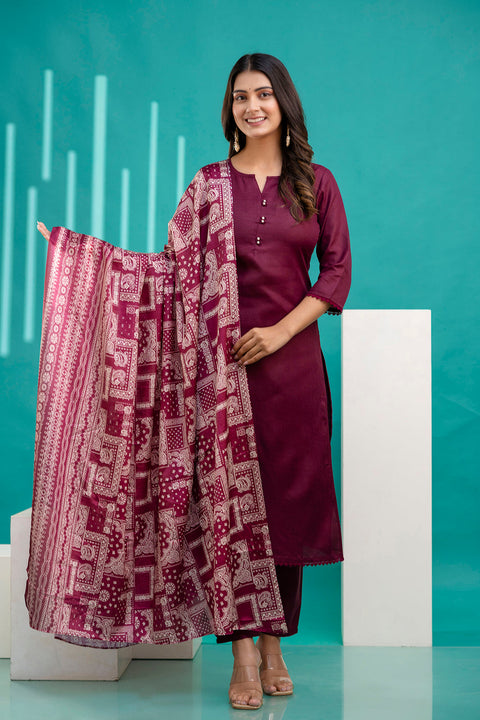 Burgundy Straight Kurta Set With Printed Dupatta for Women