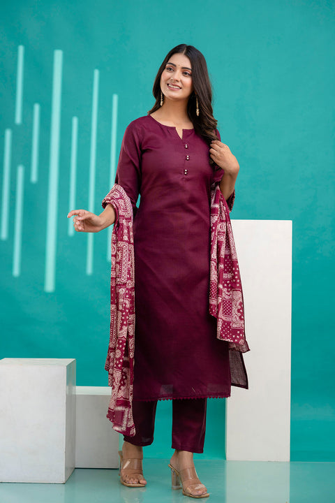 Burgundy Straight Kurta Set With Printed Dupatta for Women