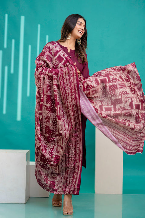 Burgundy Straight Kurta Set With Printed Dupatta for Women