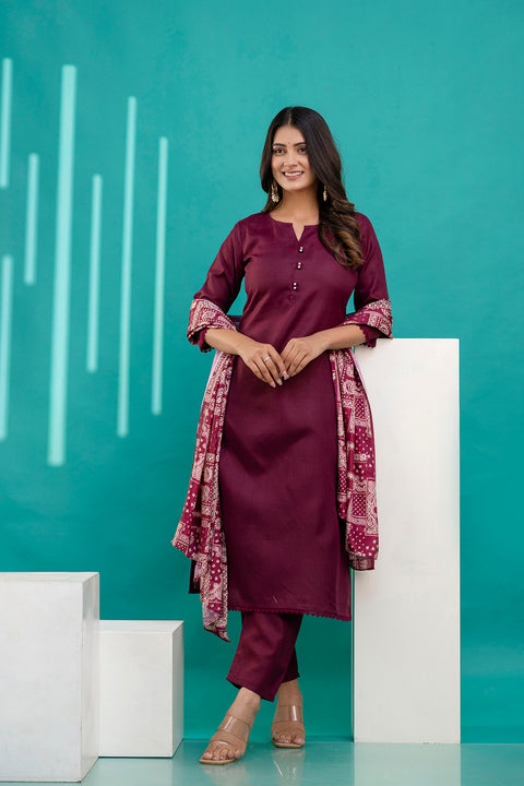 Burgundy Straight Kurta Set With Printed Dupatta for Women