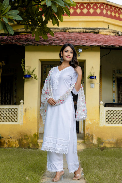 Nayo Pure White Straight Kurta Set With Printed Dupatta