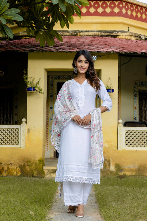 Nayo Pure White Straight Kurta Set With Printed Dupatta