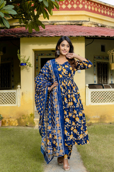 Nayo Navy Blue Printed Anarkali Kurta Set With Dupatta For Women