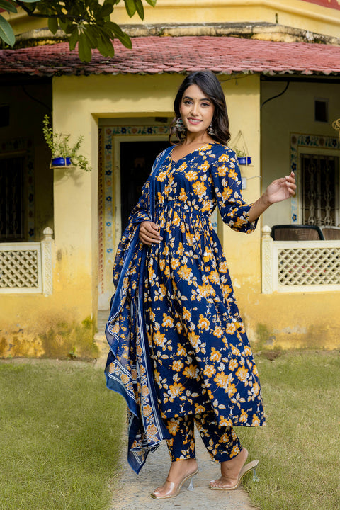 Nayo Navy Blue Printed Anarkali Kurta Set With Dupatta For Women