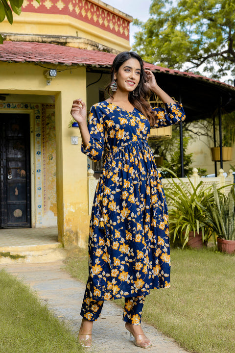 Nayo Navy Blue Printed Anarkali Kurta Set With Dupatta For Women