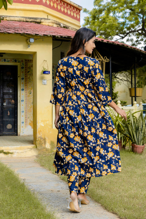 Nayo Navy Blue Printed Anarkali Kurta Set With Dupatta For Women