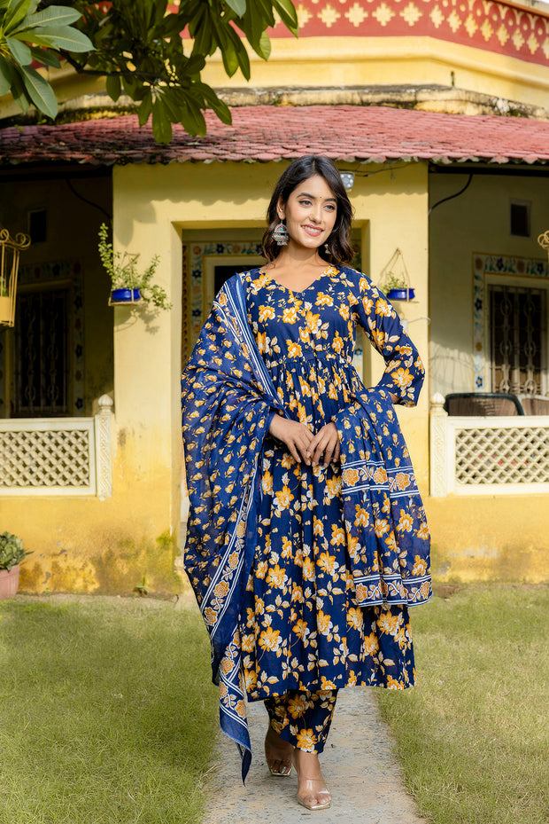 Nayo Navy Blue Printed Anarkali Kurta Set With Dupatta For Women