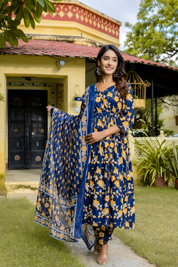 Nayo Navy Blue Printed Anarkali Kurta Set With Dupatta For Women