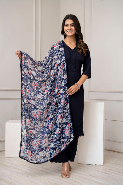 Navy Blue Straight Kurta Set With Printed Dupatta for Women