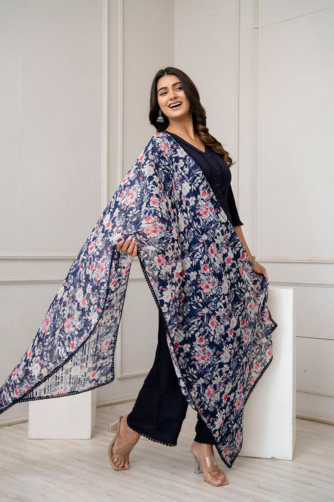 Navy Blue Straight Kurta Set With Printed Dupatta for Women