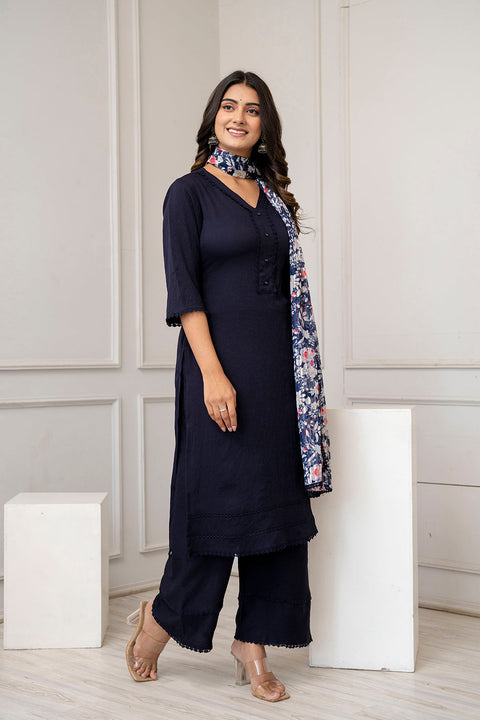 Navy Blue Straight Kurta Set With Printed Dupatta for Women