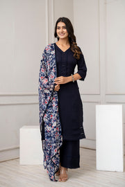 Navy Blue Straight Kurta Set With Printed Dupatta for Women