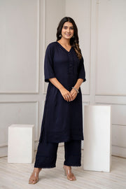 Navy Blue Straight Kurta Set With Printed Dupatta for Women