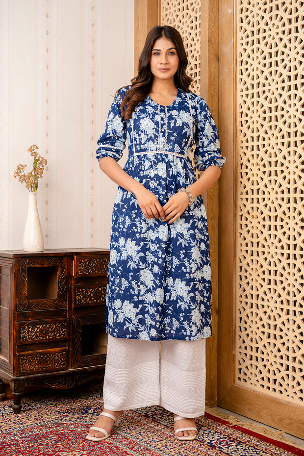 Nayo Navy Blue Printed Straight Kurta with Three Quarter Sleeves