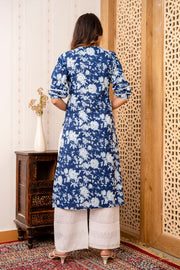 Nayo Navy Blue Printed Straight Kurta with Three Quarter Sleeves