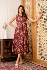 Nayo Burgundy Ethnic Printed Flared Sleeveless Dress