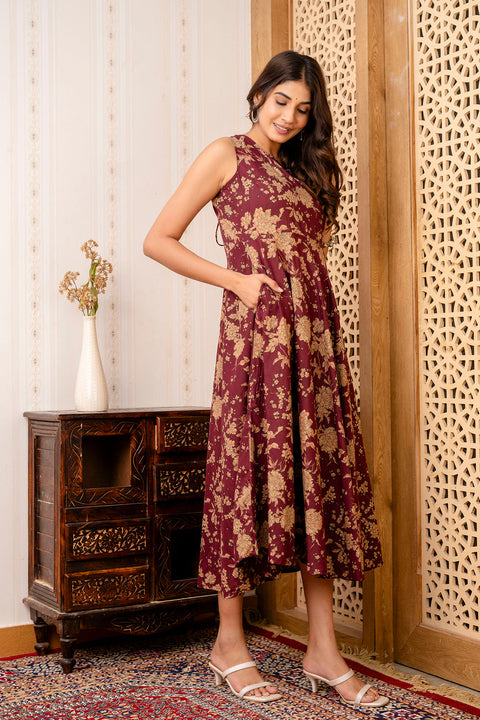 Nayo Burgundy Ethnic Printed Flared Sleeveless Dress