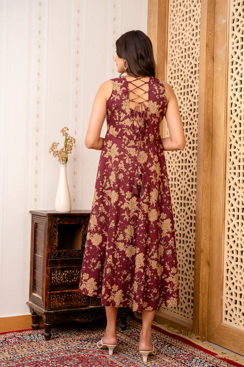 Nayo Burgundy Ethnic Printed Flared Sleeveless Dress