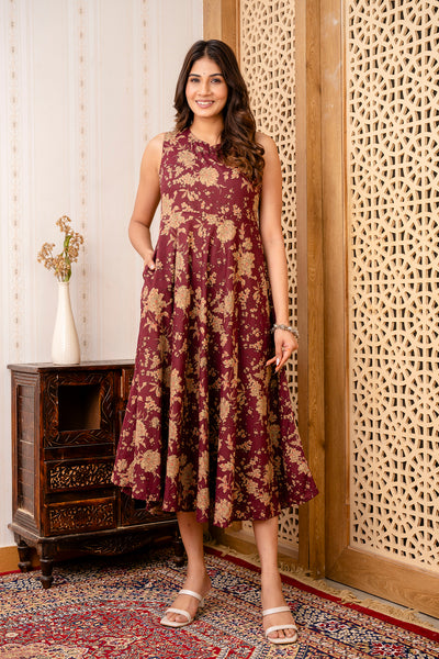 Nayo Burgundy Ethnic Printed Flared Sleeveless Dress