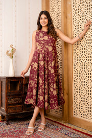 Nayo Burgundy Ethnic Printed Flared Sleeveless Dress