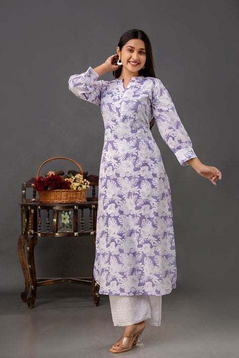 Purple Printed Straight Kurta with Three Quarter Sleeves