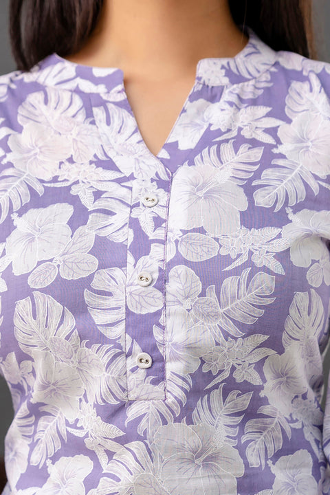 Purple Printed Straight Kurta with Three Quarter Sleeves