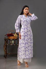 Purple Printed Straight Kurta with Three Quarter Sleeves