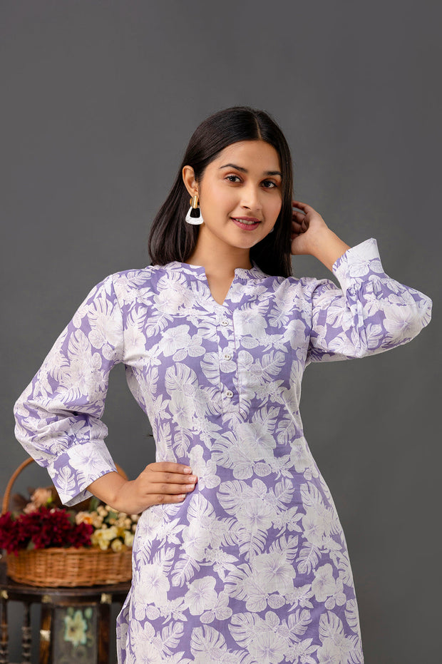 Purple Printed Straight Kurta with Three Quarter Sleeves