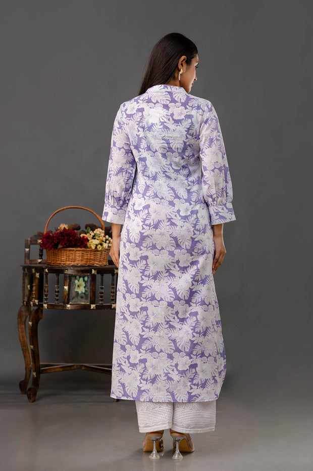 Purple Printed Straight Kurta with Three Quarter Sleeves