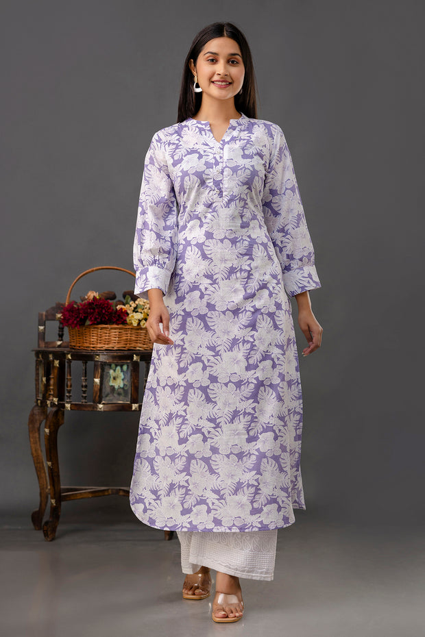 Purple Printed Straight Kurta with Three Quarter Sleeves