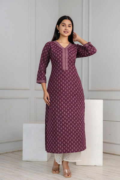 Burgundy Printed Straight Kurta with Three Quarter Sleeves