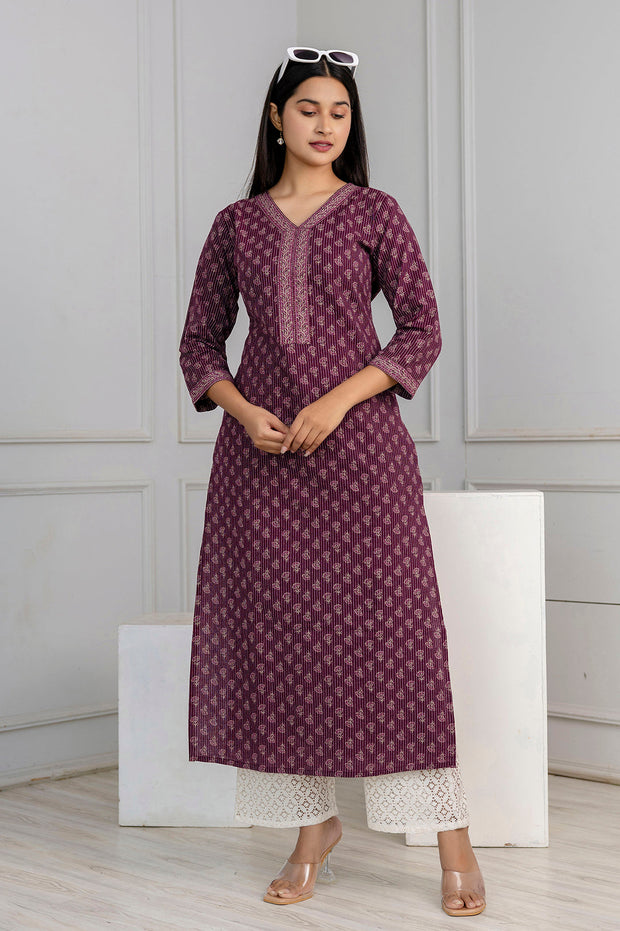 Burgundy Printed Straight Kurta with Three Quarter Sleeves