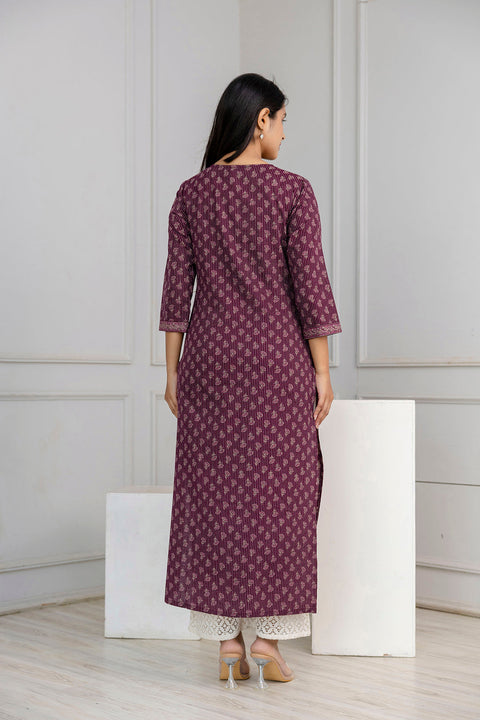 Burgundy Printed Straight Kurta with Three Quarter Sleeves