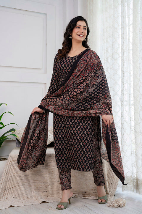 Nayo Black Printed Straight Kurta and Trouser With Dupatta