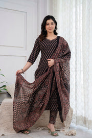 Nayo Black Printed Straight Kurta and Trouser With Dupatta