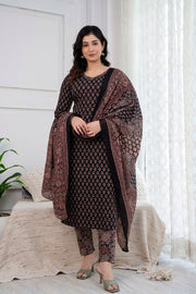 Nayo Black Printed Straight Kurta and Trouser With Dupatta