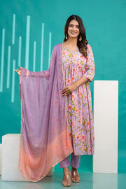 Lavender Printed Anarkali Kurta Set With Dupatta For Women