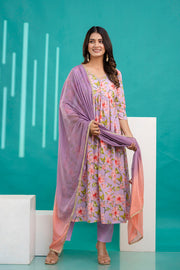 Lavender Printed Anarkali Kurta Set With Dupatta For Women