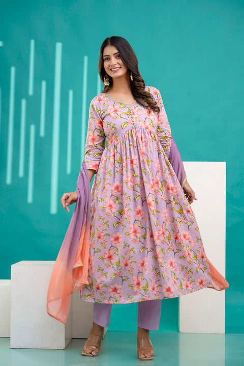 Lavender Printed Anarkali Kurta Set With Dupatta For Women