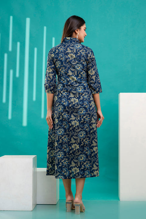 Women Blue Printed Flared Dress With Three quarter Sleeves