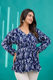 Women Navy Blue Printed V-Neck Peplum Tunic