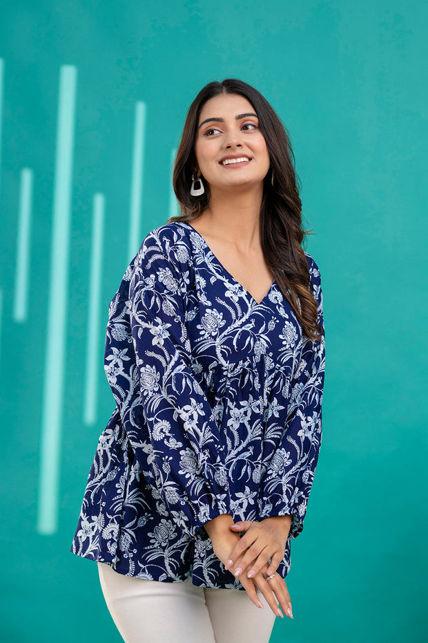 Women Navy Blue Printed V-Neck Peplum Tunic