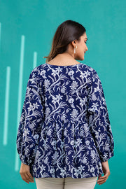 Women Navy Blue Printed V-Neck Peplum Tunic