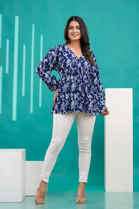 Women Navy Blue Printed V-Neck Peplum Tunic