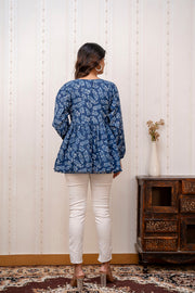 Women Navy Blue Printed V-Neck Peplum Tunic