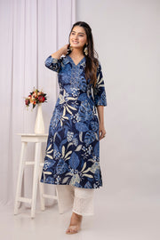 Women Blue Printed Straight Kurta with Three Quarter Sleeves