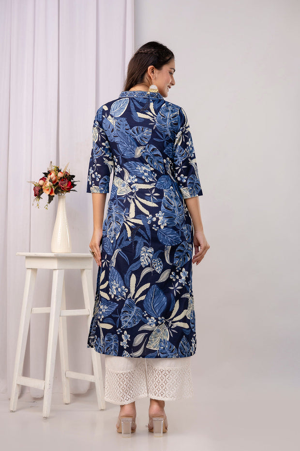 Women Blue Printed Straight Kurta with Three Quarter Sleeves