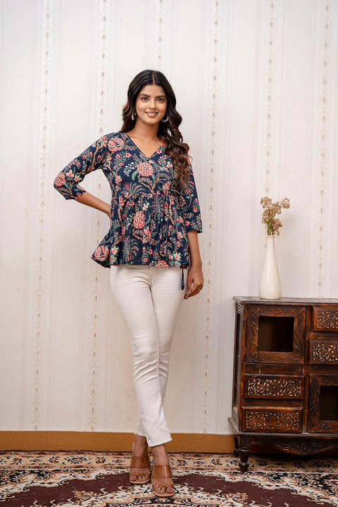 Women Navy Blue Printed V-Neck Peplum Tunic