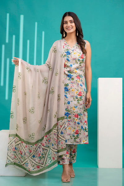 Women Beige Printed Kurta With Trouser and Dupatta