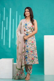 Women Beige Printed Kurta With Trouser and Dupatta